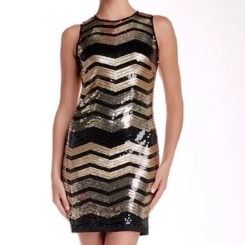 VINCE CAMUTO | Chevron Gold Champagne Black Sequin Dress‎ | Size 10